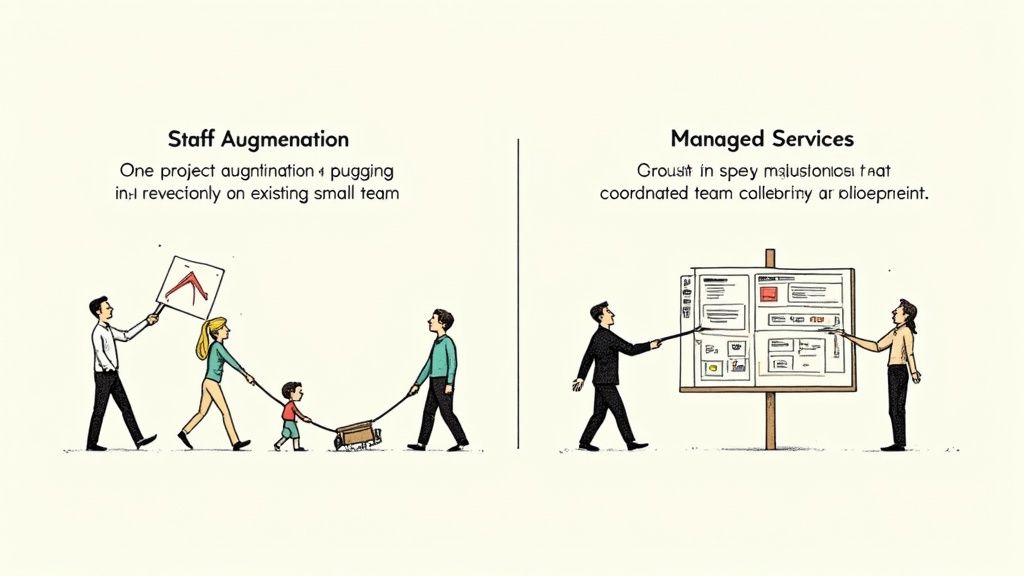 An illustration comparing Staff Augmentation, showing adding a person to an existing team, with Managed Services, depicting a coordinated project team.