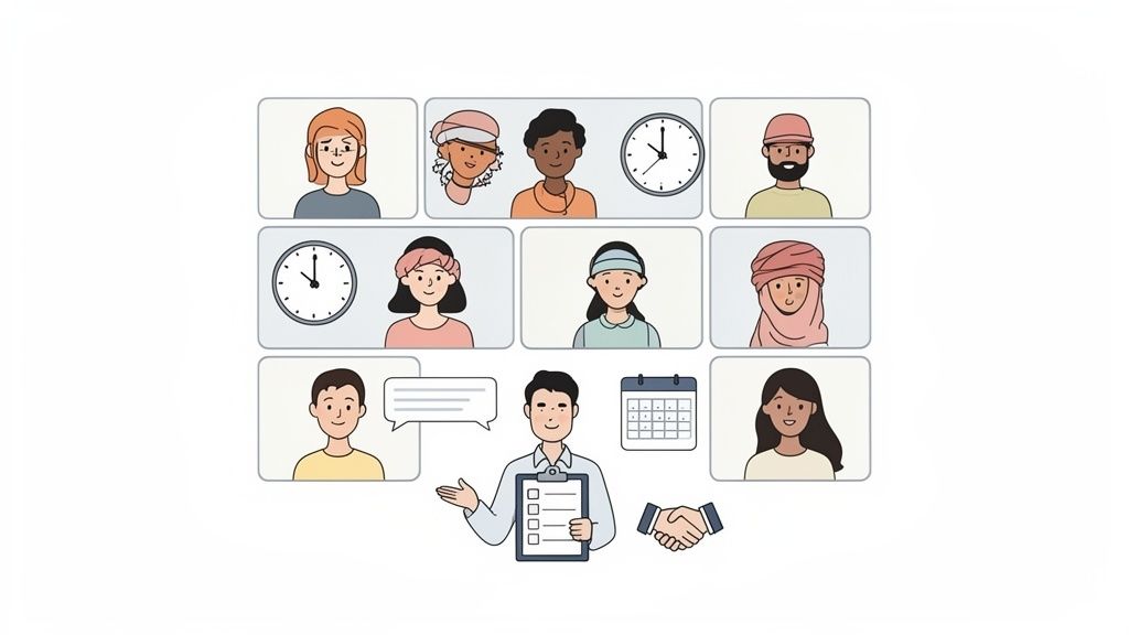 Illustration of diverse people in virtual meeting windows, with a manager, calendar, chat, and handshake.