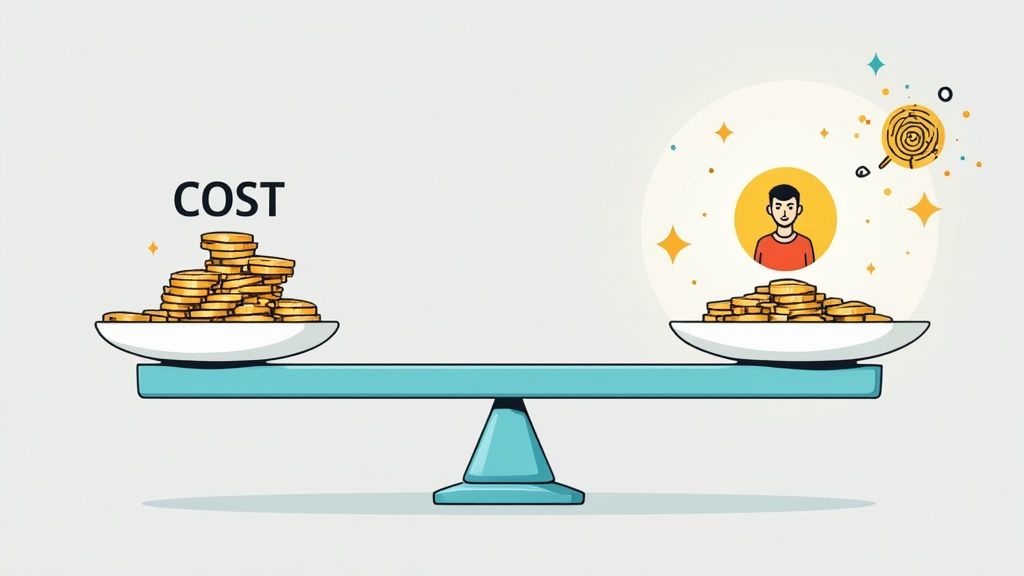 Balance scale comparing outsourcing costs with employee value and business goals represented by coins
