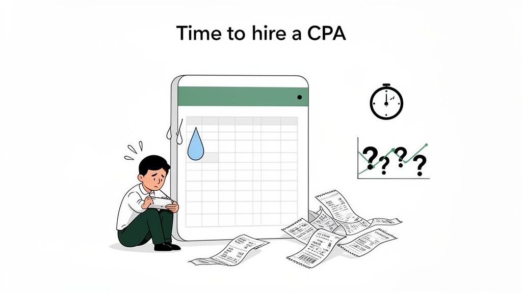 A person overwhelmed by financial documents and spreadsheets, indicating stress over taxes, with the text "Time to hire a CPA."