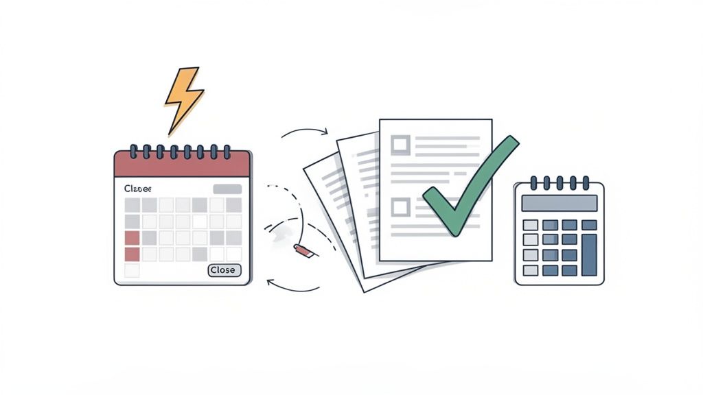 Illustration of a streamlined financial workflow with a calendar, documents with a checkmark, and a calculator.