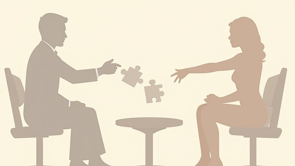 Silhouettes of a man and woman exchanging puzzle pieces over a table, symbolizing connection.