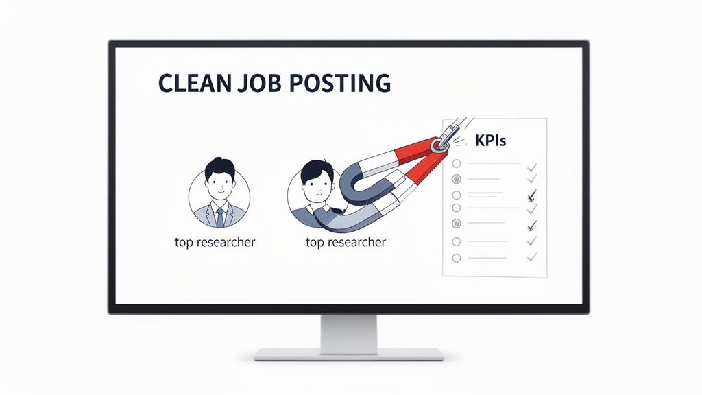 Computer monitor displaying 'Clean Job Posting' and a magnet attracting a 'top researcher' using KPIs.