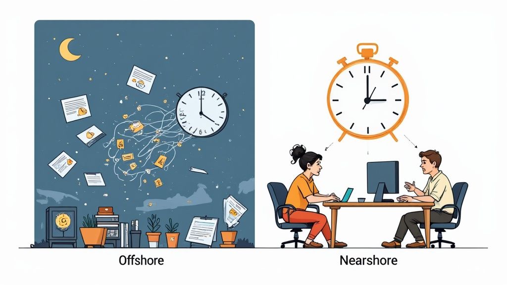 A person working on a laptop in a cafe, looking thoughtful.