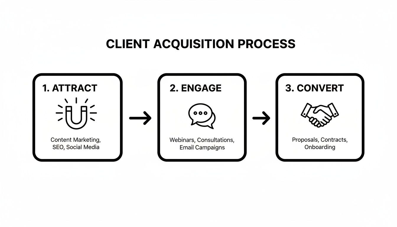 Client acquisition process diagram with steps: attract (marketing), engage (consultations), convert (contracts).