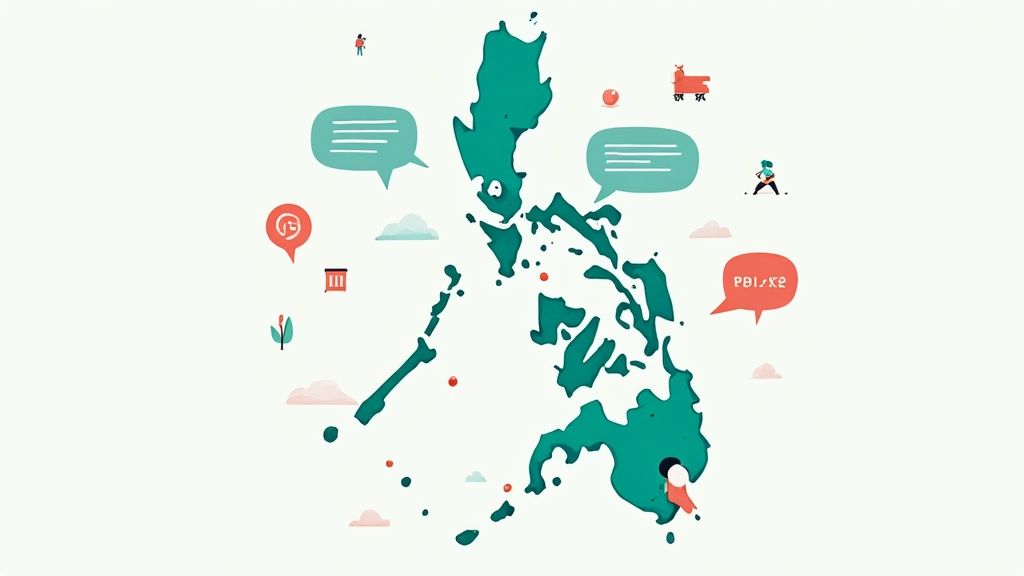 Philippines map illustration with communication icons representing outsourcing and software development services