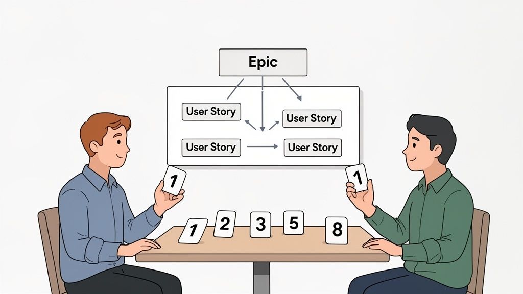 Two software engineers using Agile planning poker to estimate user stories from an Epic.