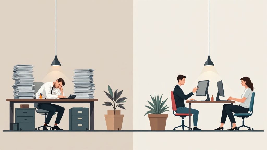 Contrasting office workers showing overwhelmed employee versus efficient collaborative team working together