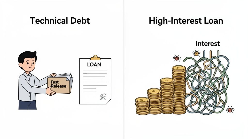 An illustration comparing technical debt, shown as a fast release, with a high-interest loan represented by growing interest and bugs.