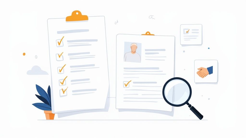 A team of professionals collaborating around a table, vetting a potential partner.