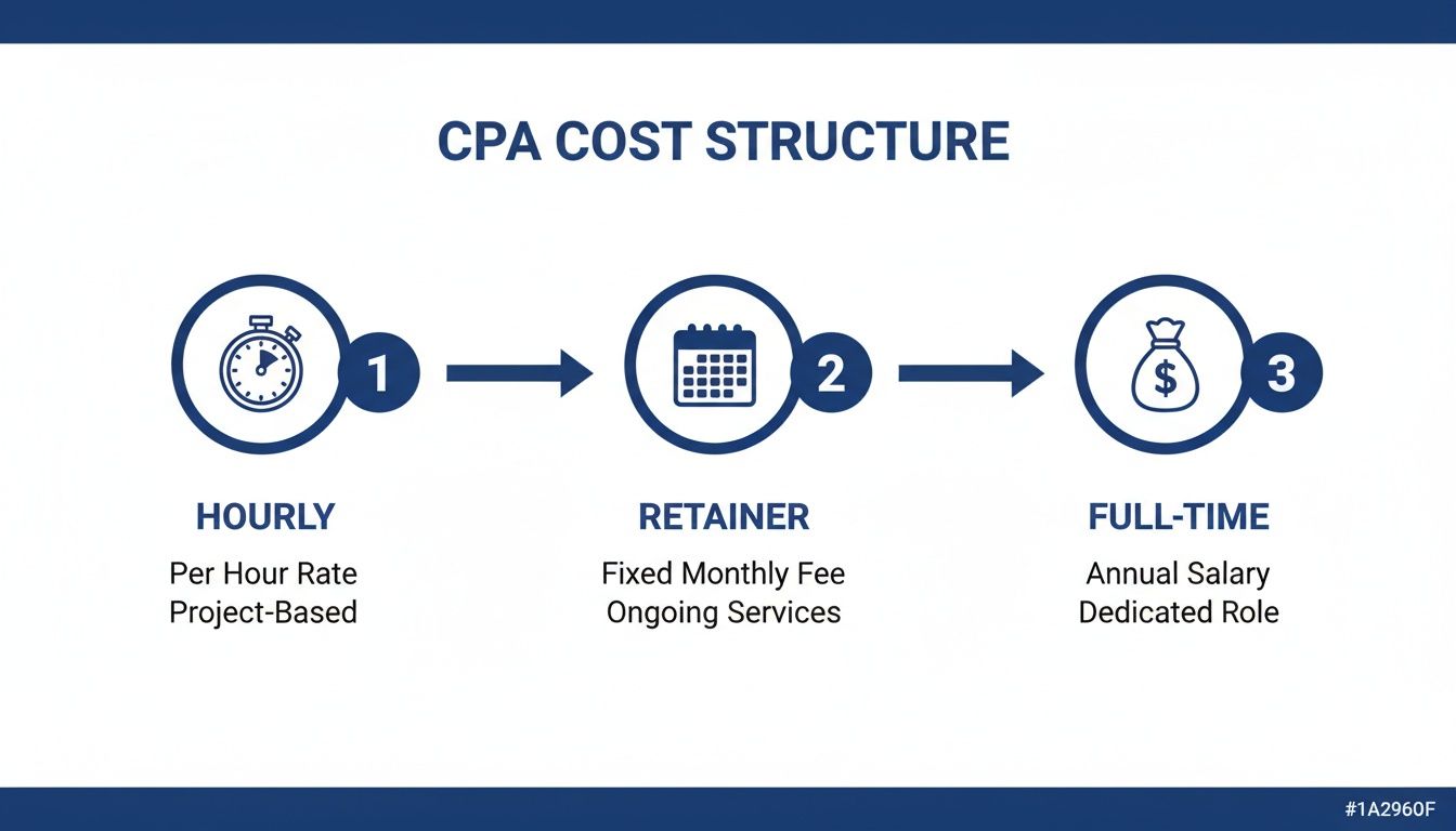 Infographic showing three CPA cost structures: Hourly, Retainer, and Full-Time with corresponding descriptions.