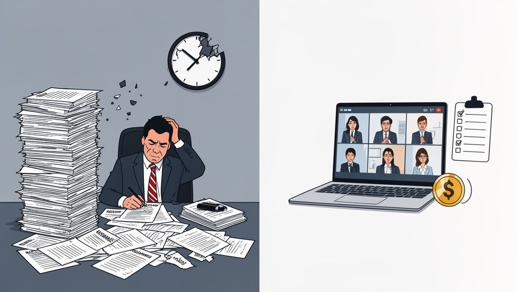 Stressed man overwhelmed by paper documents next to a broken clock, contrasted with an efficient virtual meeting on a laptop with a checklist and coin.