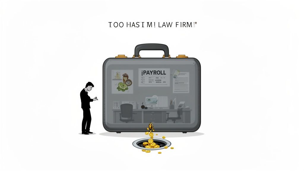 A businessman watches coins fall into a drain from a transparent briefcase labeled 'iPAYROLL' for a law firm.