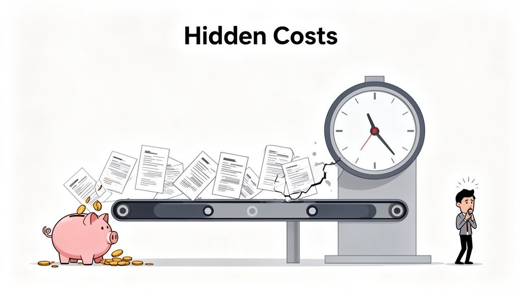 An illustration titled 'Hidden Costs' showing documents, a broken conveyor belt, a clock, and a worried man, representing time and expenses.