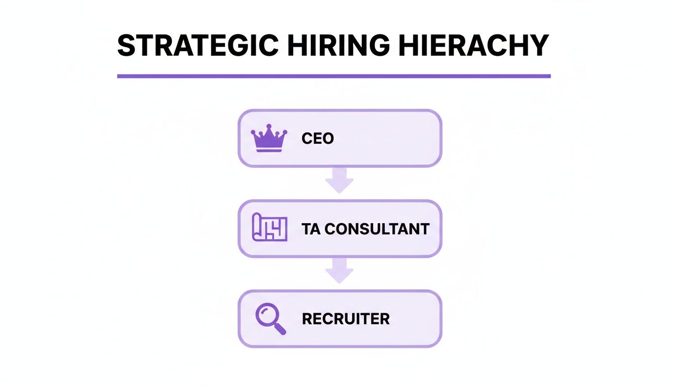 A strategic hiring hierarchy flowchart shows the roles of CEO, TA Consultant, and Recruiter in a top-down structure.