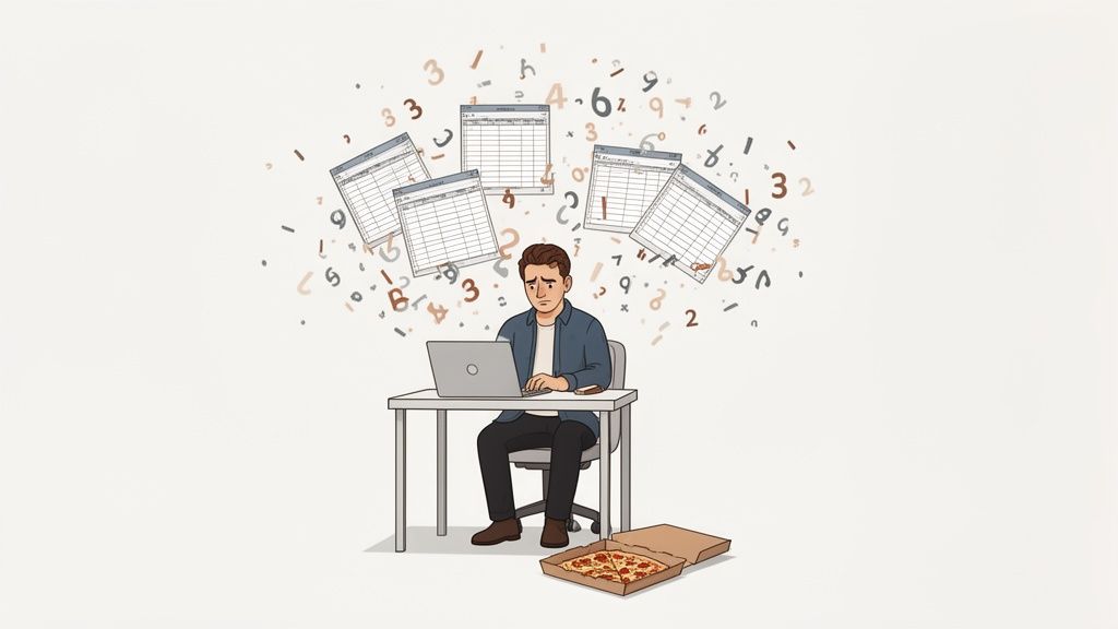 A stressed man works on a laptop at a desk, surrounded by floating spreadsheets and numbers, with a pizza box on the floor.