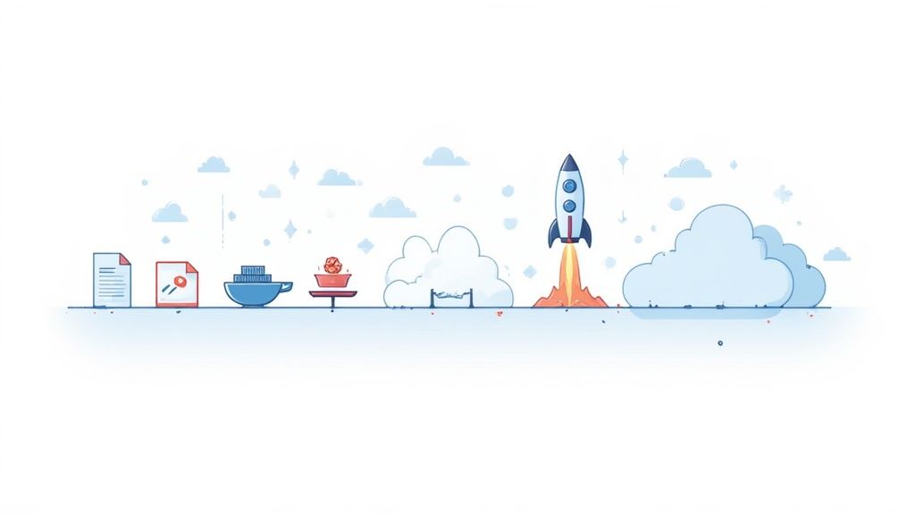 Illustration showing a workflow from documents, a key, containers, and a brain to a rocket launching.