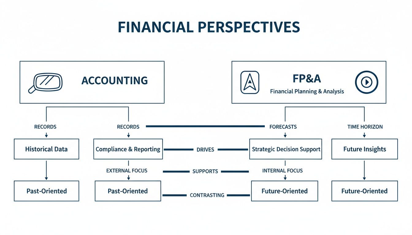 Diagram illustrating the differences between accounting and financial planning & analysis (FP&A) perspectives.