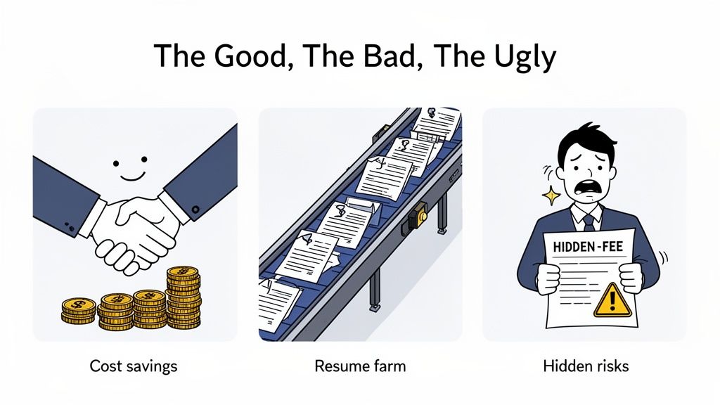 An illustration comparing cost savings (good), resume farms (bad), and hidden risks (ugly) in hiring.