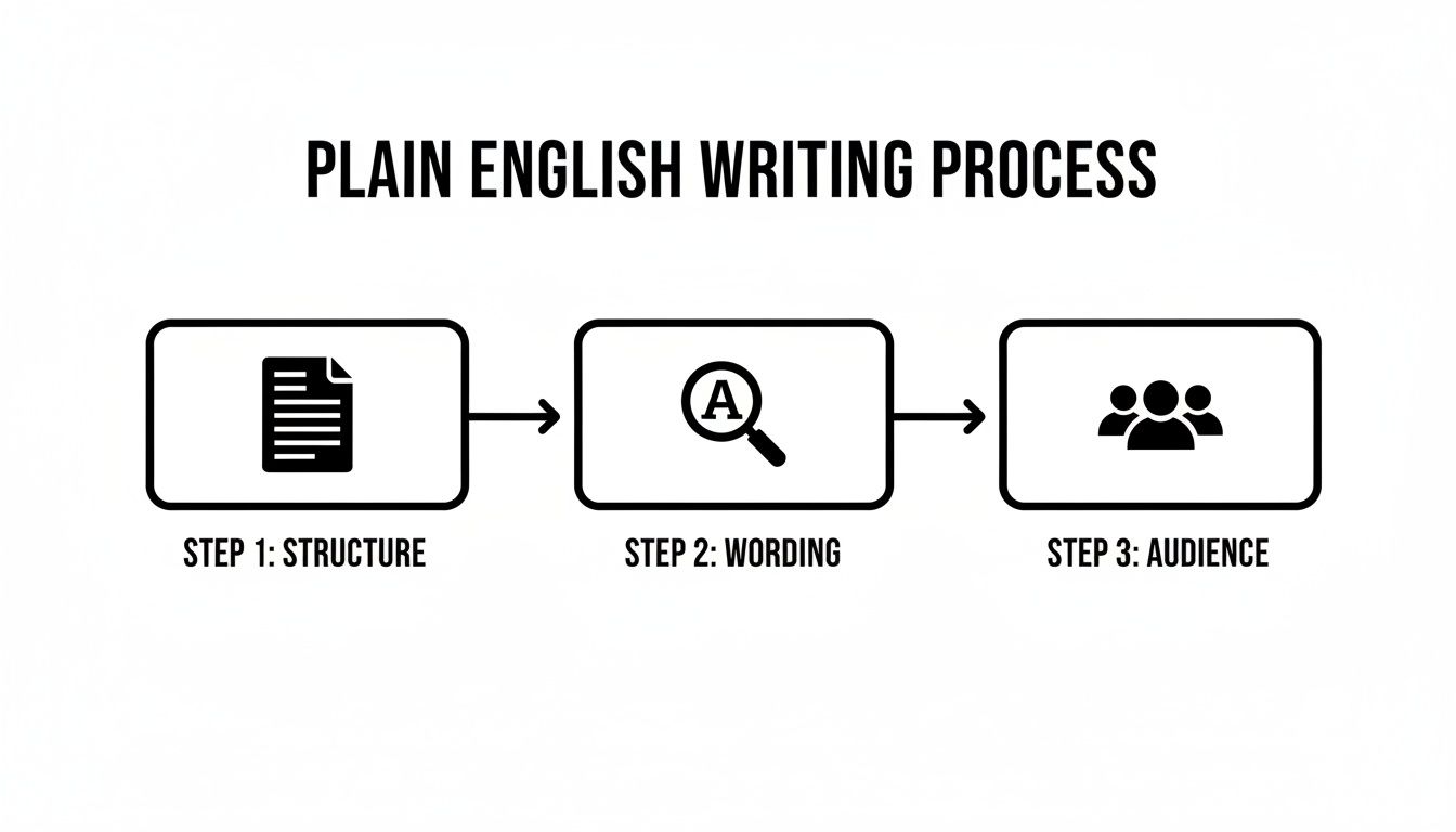 Flowchart illustrating the Plain English Writing Process: Step 1 Structure, Step 2 Wording, Step 3 Audience.