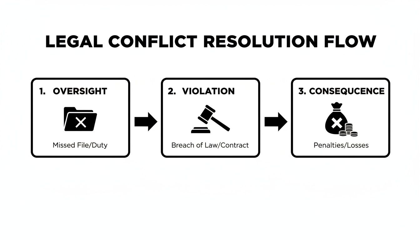 A legal conflict resolution flowchart detailing oversight, violation, and resulting penalties and losses.