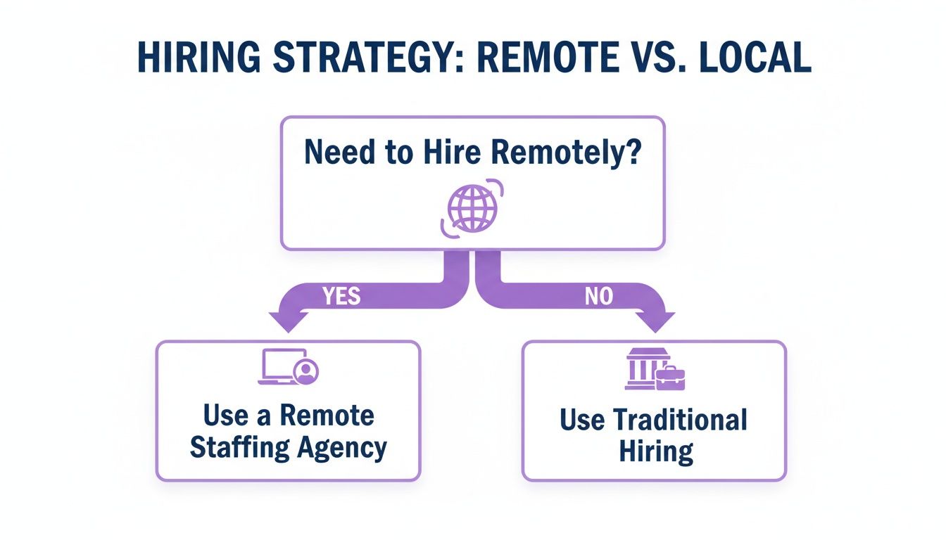 Flowchart on remote vs. local hiring strategy, guiding to remote staffing agency or traditional hiring.