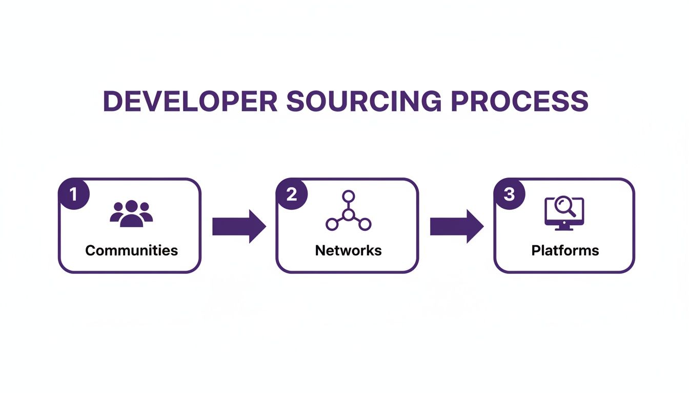 Flowchart detailing the three-step developer sourcing process: Communities, Networks, and Platforms.