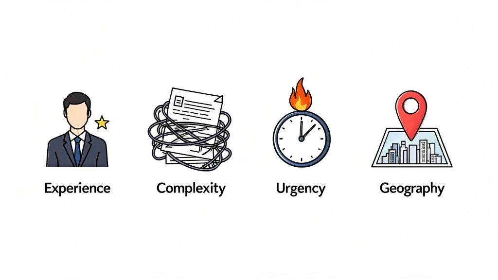 Four icons representing key factors: experience, complexity, urgency, and geography, on a white background.
