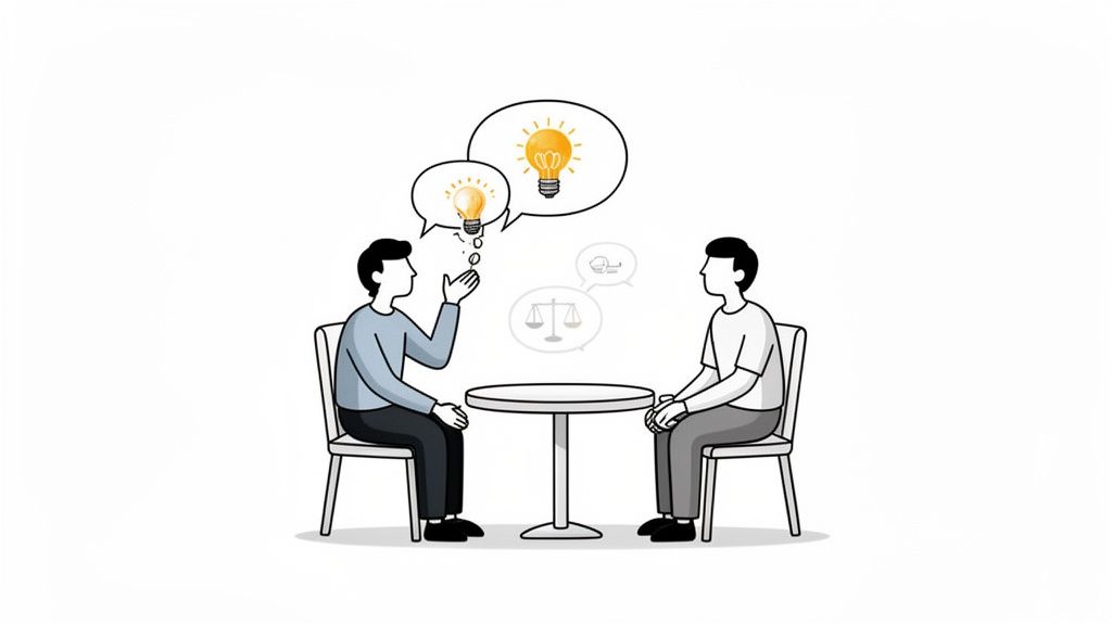 Two people discussing ideas with lightbulb thought bubbles, symbolizing brainstorming and problem-solving.