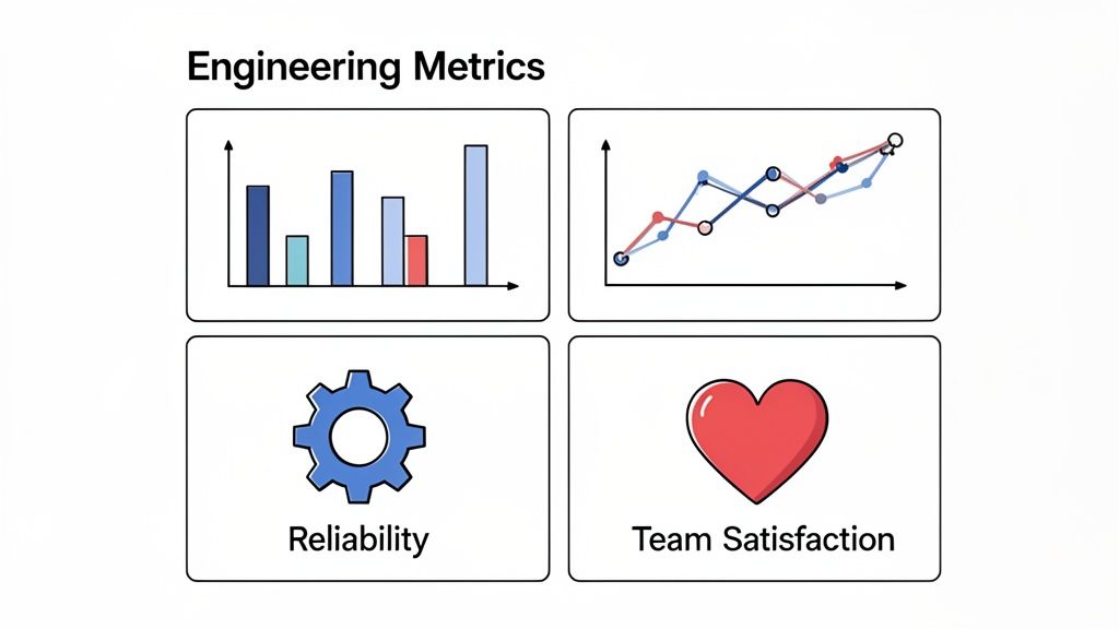 Dashboard displaying engineering metrics with bar chart, line chart, reliability gear, and team satisfaction heart.