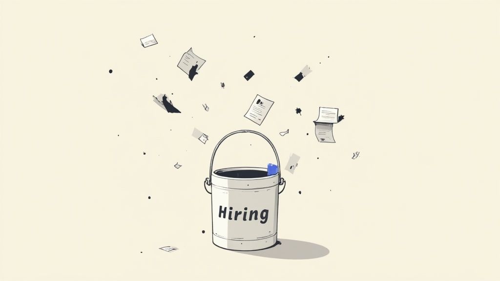 A person pointing at a complex diagram on a whiteboard, illustrating the complicated nature of a hiring process.