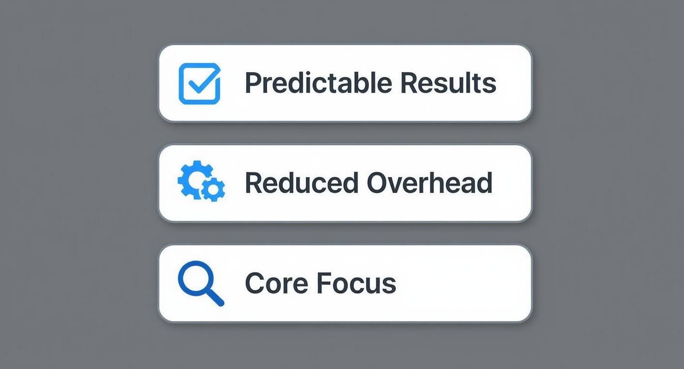 Three white buttons with blue icons and black text listing benefits: Predictable Results, Reduced Overhead, Core Focus.