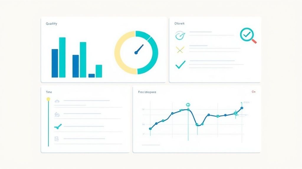 A digital dashboard displaying project management metrics, including quality, time, and progress, with various charts.
