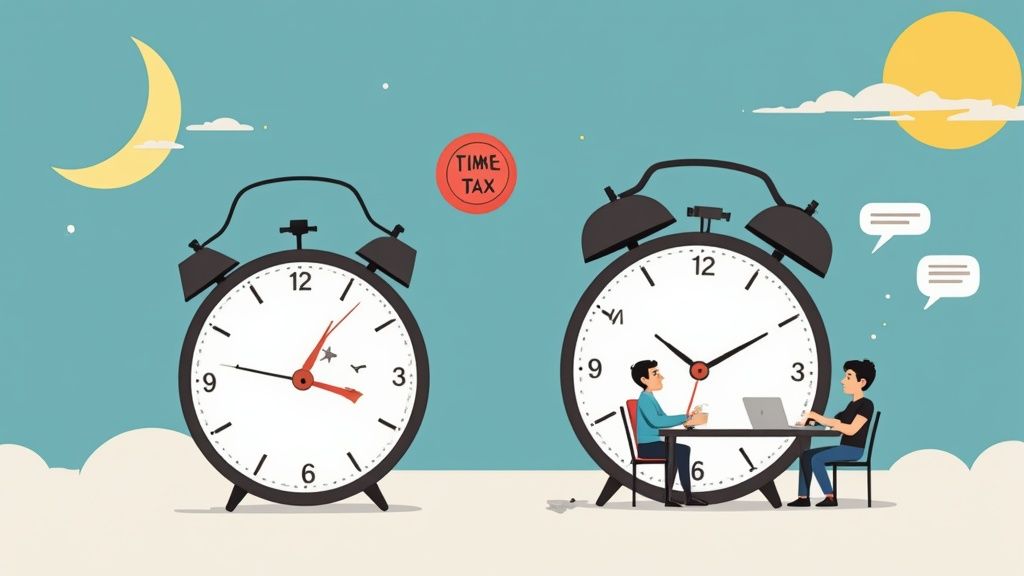 Two alarm clocks symbolize time management, showing 'time tax' at night and people working efficiently during the day.