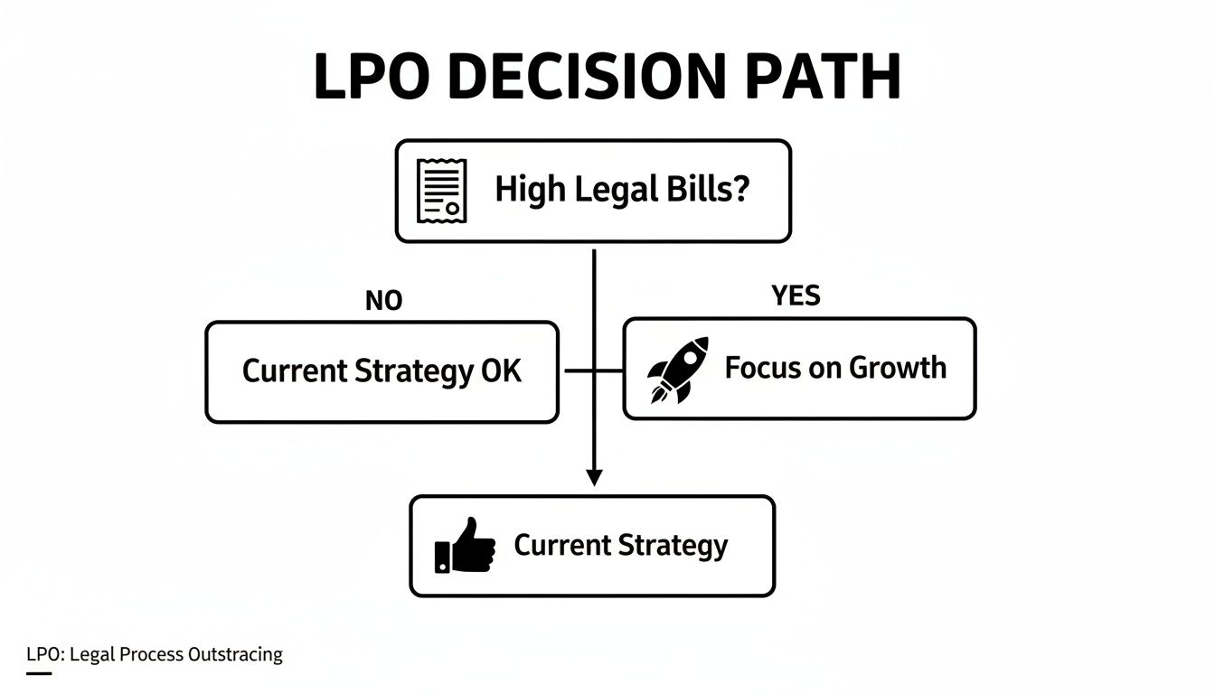 Flowchart illustrating the LPO decision path based on high legal bills and current strategy.