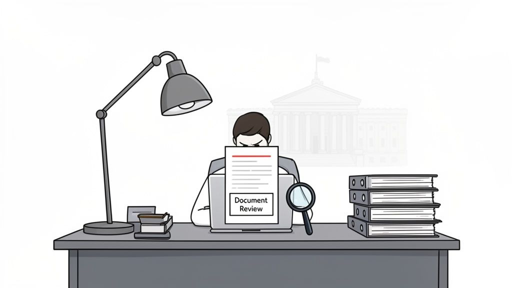 A person intently reviewing legal documents on a laptop at a desk, with a magnifying glass and binders.