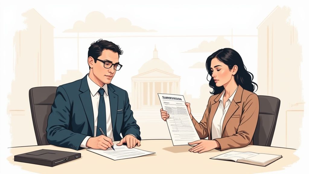 Image of a legal professional reviewing documents with a colleague