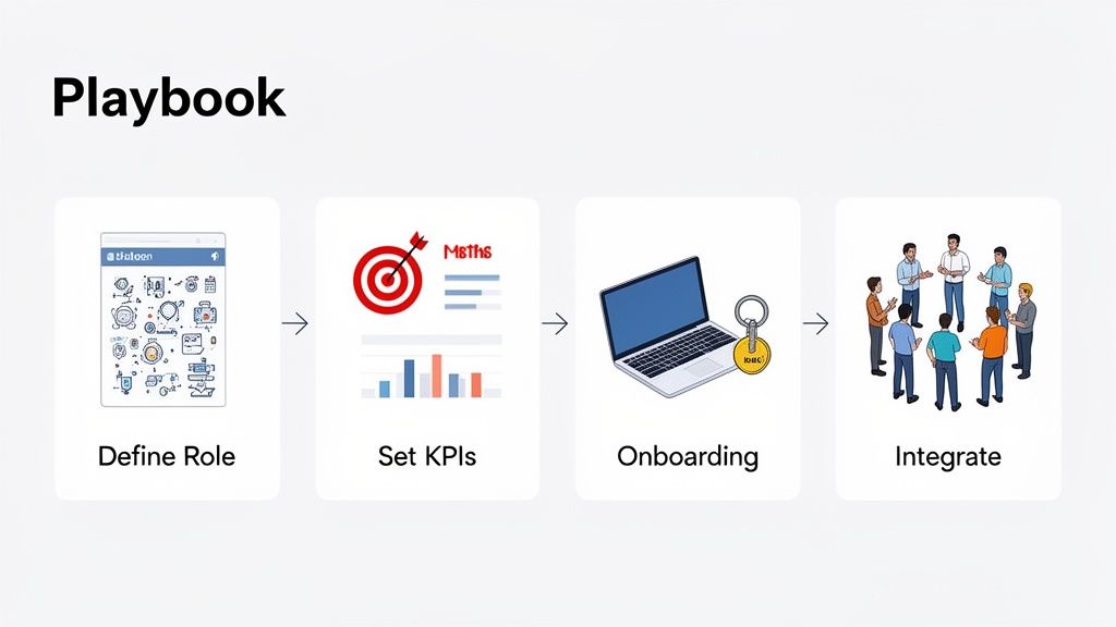 A 'Playbook' diagram illustrating four steps: Define Role, Set KPIs, Onboarding, and Integrate, with icons.