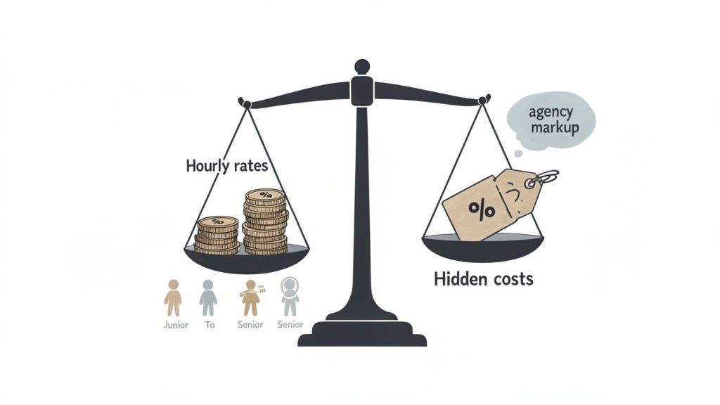 A balance scale shows hourly rates (coins and experience levels) versus hidden costs, including agency markup.