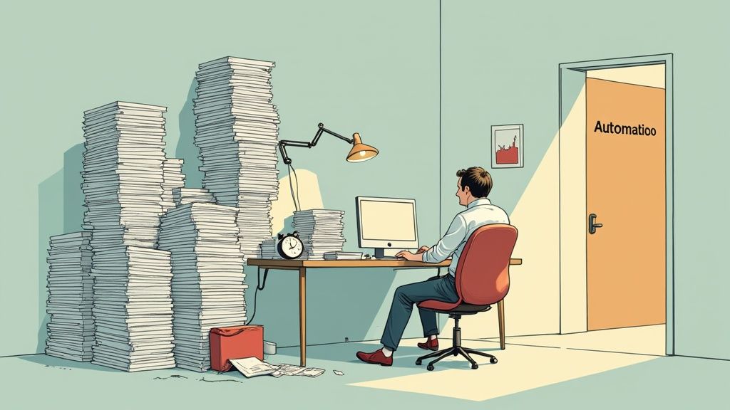 A person looking overwhelmed with papers and sticky notes, representing a cluttered recruitment process.