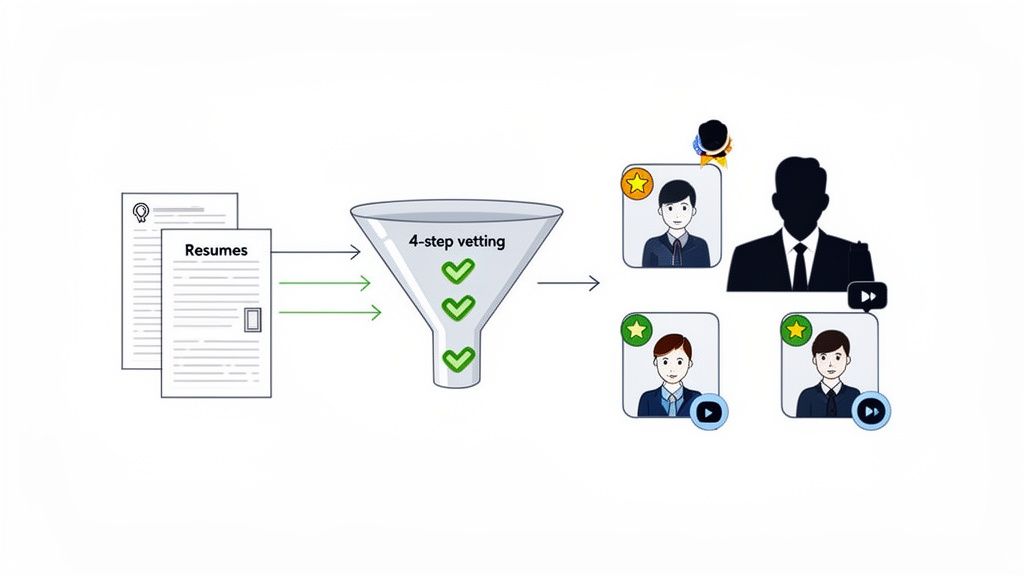 Diagram showing resumes filtered through a 4-step vetting process to identify qualified candidates.