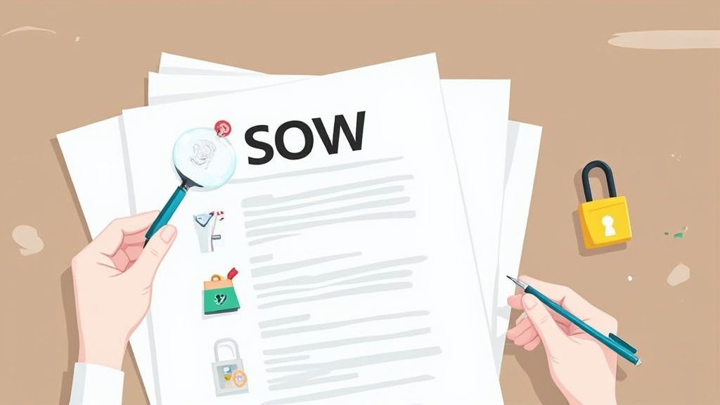 Hands reviewing a Statement of Work (SOW) document with a magnifying glass and pen, with a padlock nearby.