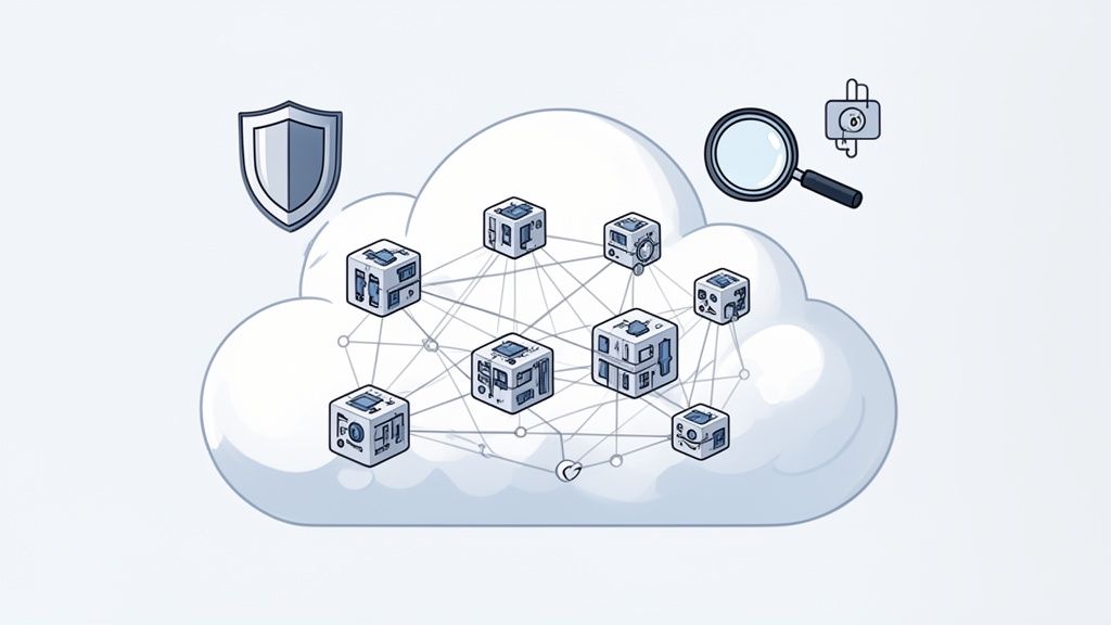 A cloud network of interconnected nodes, featuring a security shield and monitoring tools.