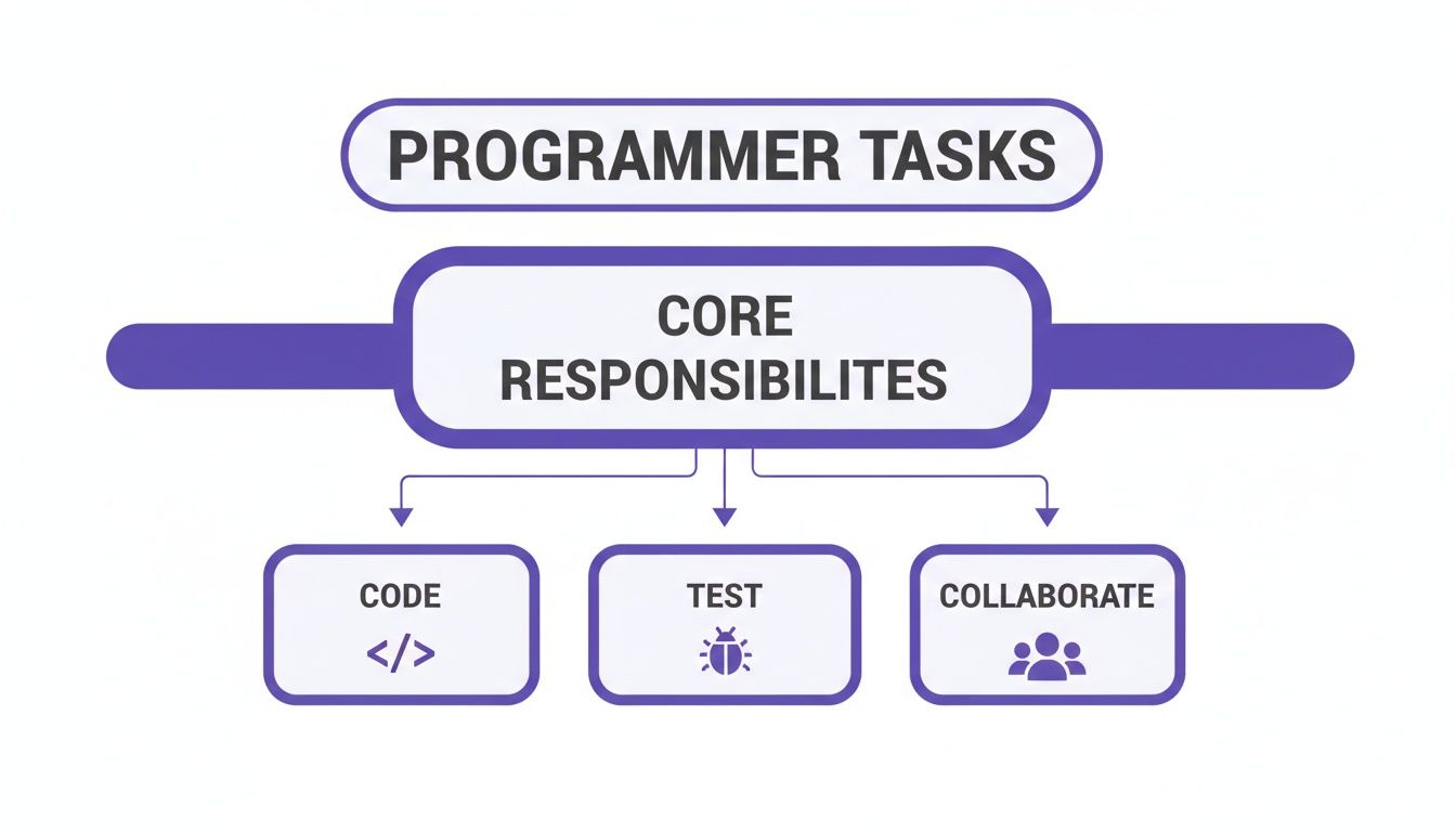 Flowchart illustrating programmer tasks and core responsibilities, including coding, testing, and collaborating with icons.