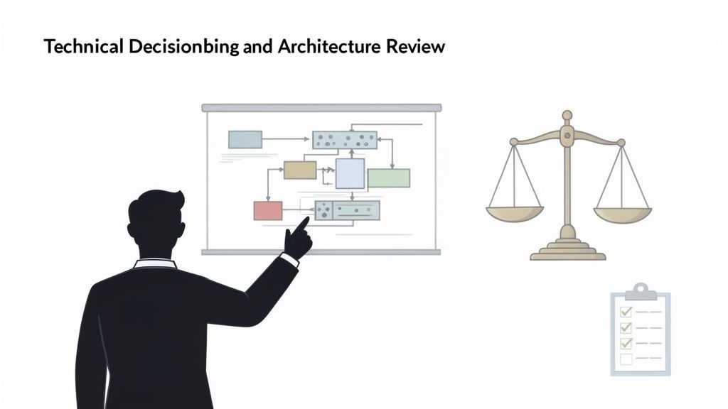 A person reviews a technical architecture diagram with balance scales and a checklist, symbolizing decision-making.