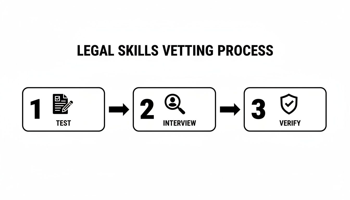 Infographic illustrating the 3-step legal skills vetting process: test, interview, and verify.