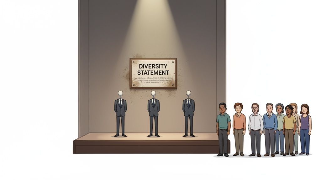 A 'Diversity Statement' sign is displayed above three identical figures, contrasting with a diverse group of people standing to the side.