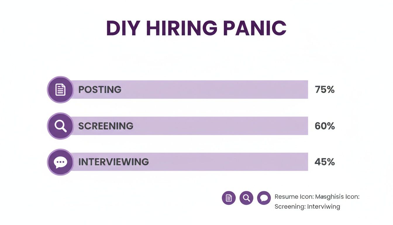 Bar chart illustrating DIY hiring panic, showing stages: Posting (75%), Screening (60%), Interviewing (45%).