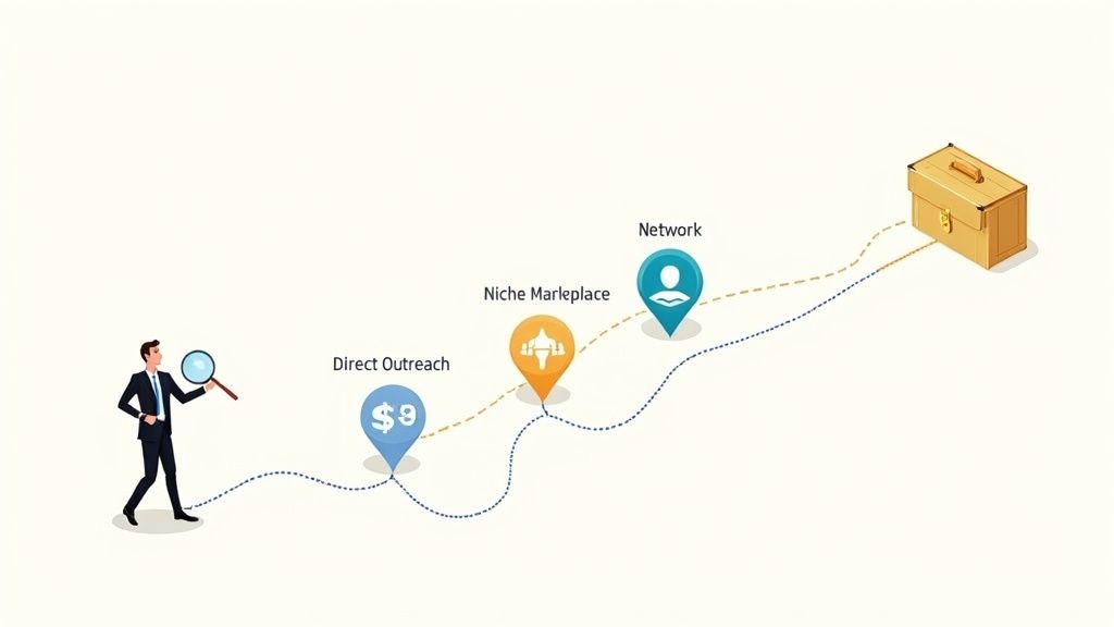 A businessman follows a path with pins for direct outreach, niche marketplace, and network, leading to a briefcase.
