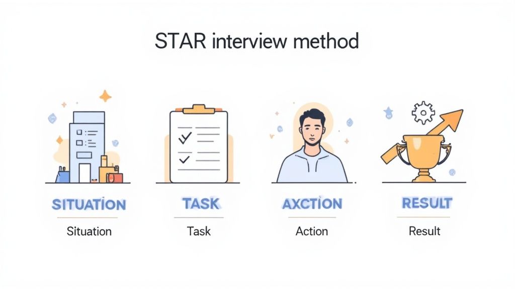 Illustration of the STAR interview method showing Situation, Task, Action, and Result steps.